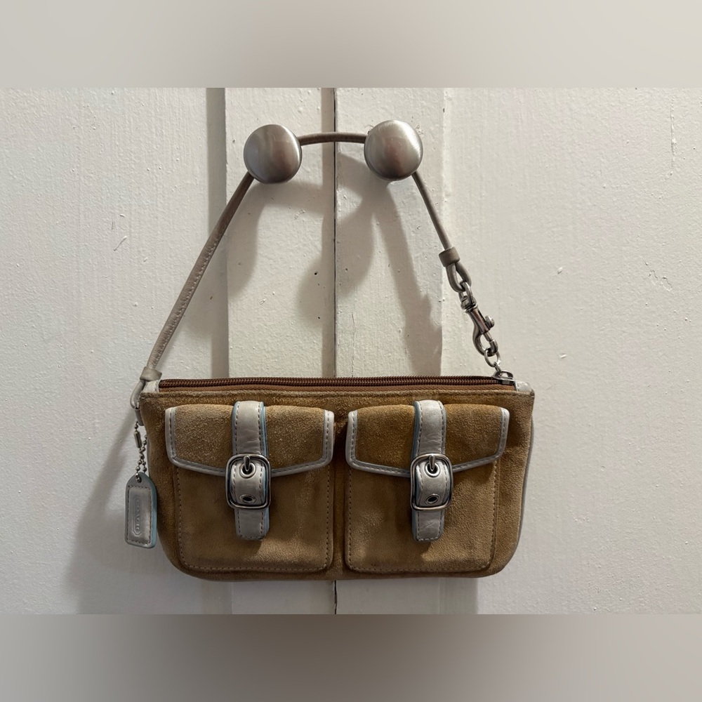 Coach Tan/Light Blue Suede Wristlet Bag with Silver Hardware